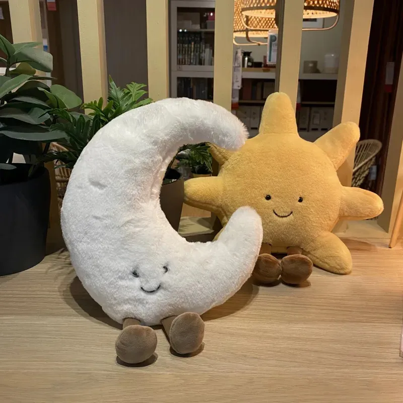 Kawaii pelúcia sol lua lance travesseiro engraçado sorriso rosto sol lua plushies sofá almofada bonito crianças brinquedos presente de natal para criança 240111