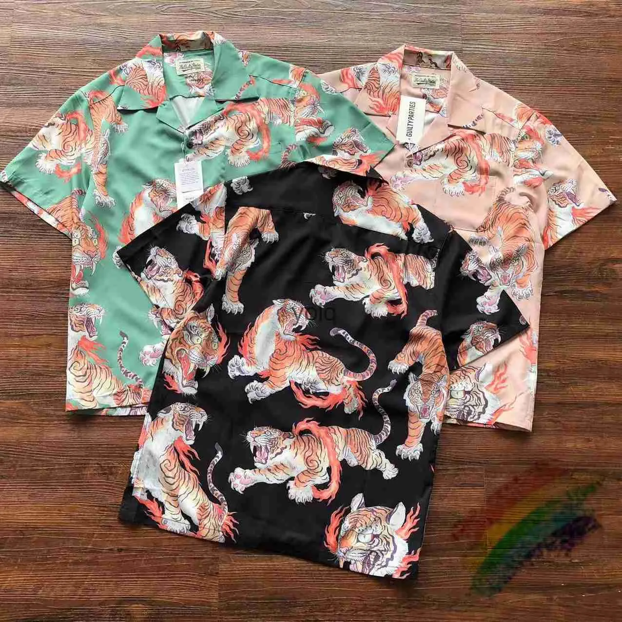 Men's Casual Shirts Streetwear Lapel Shirts Men Women Oversized Tiger Full Print Wao Maria Shirt Hawaii Beach Teeyolq