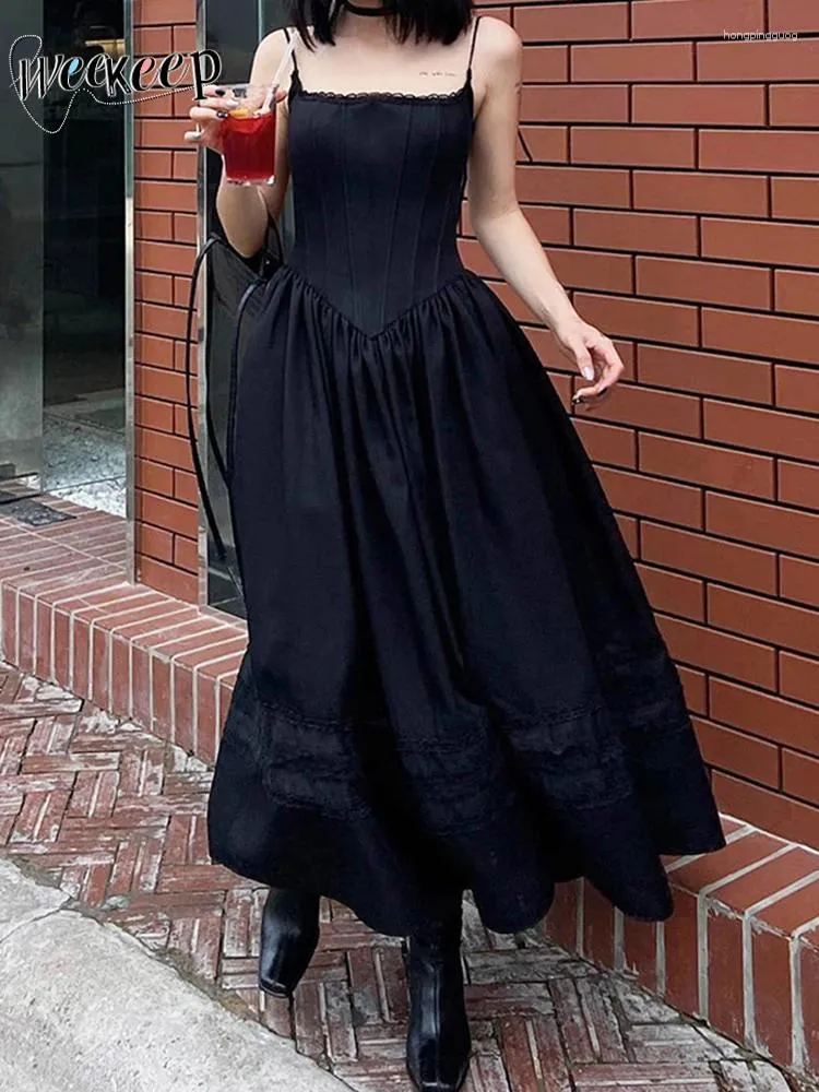 Casual Dresses Weekeep Dark Aesthetic Black Long Dress Summer Streetwear Baggy Patchwork Strap Midi Korean Fashion Women Solid Sundress