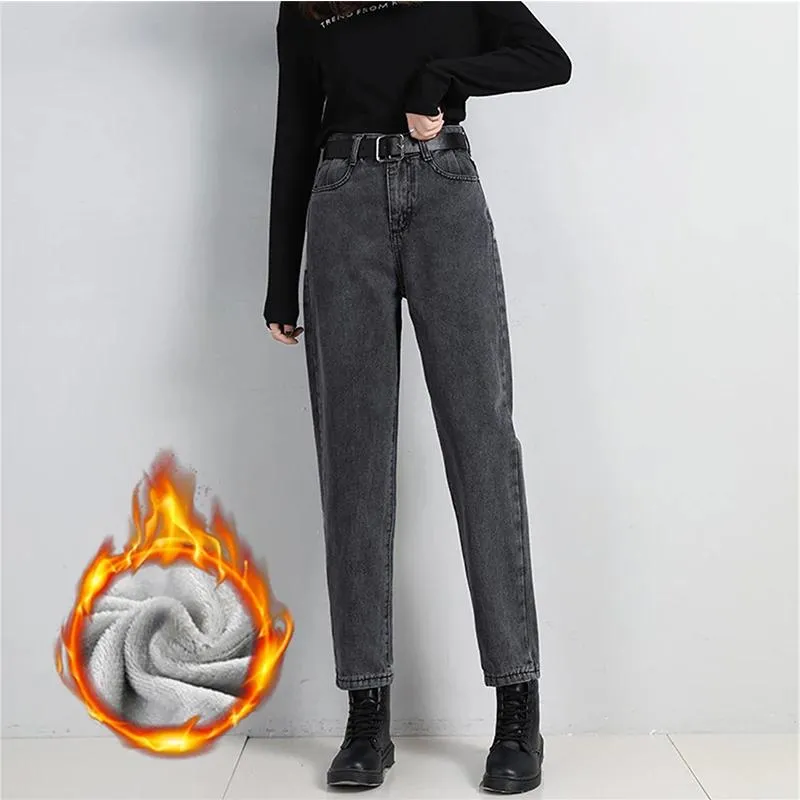 Jeans Large size black Harlan jeans women loose plush thickened 2023 winter new highwaisted radish pants women's Warm baggy jeans