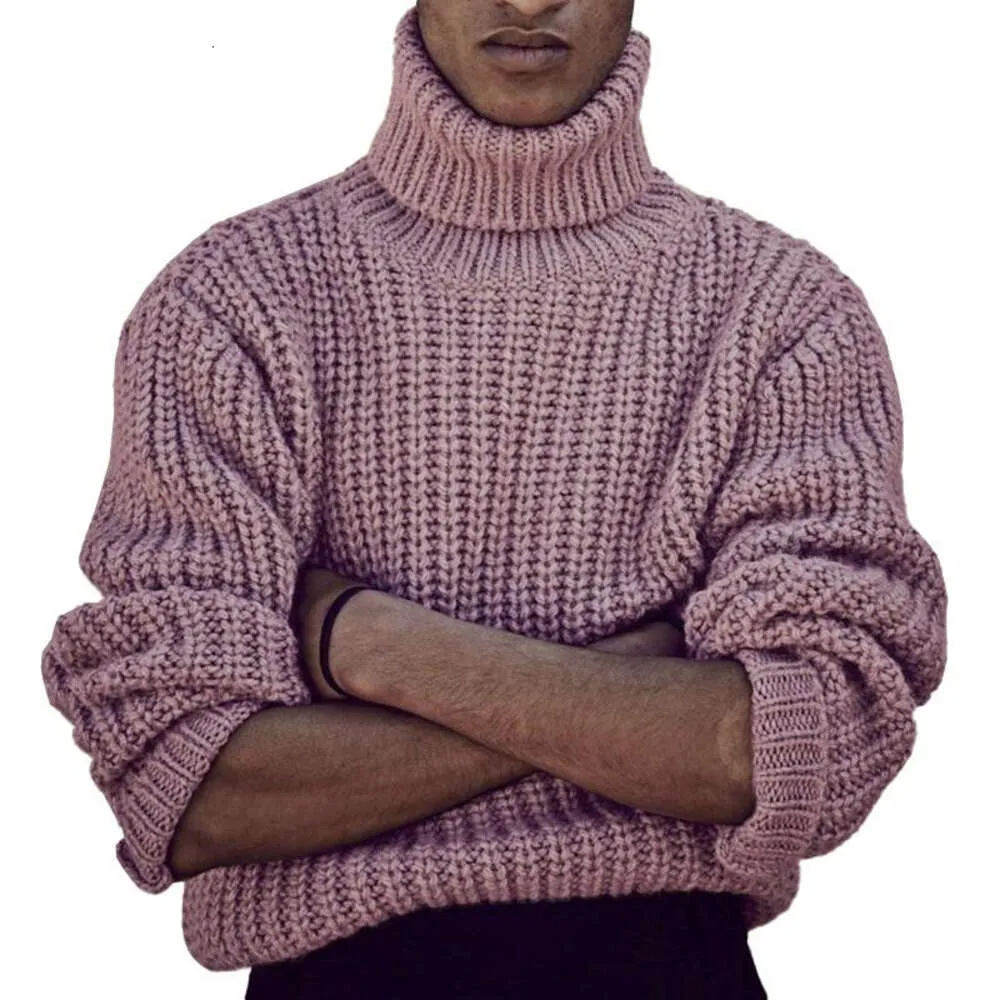 Pull épais européen et américain pour hommes, pull tricoté à col haut et aiguille épaisse de couleur unie, automne et hiver