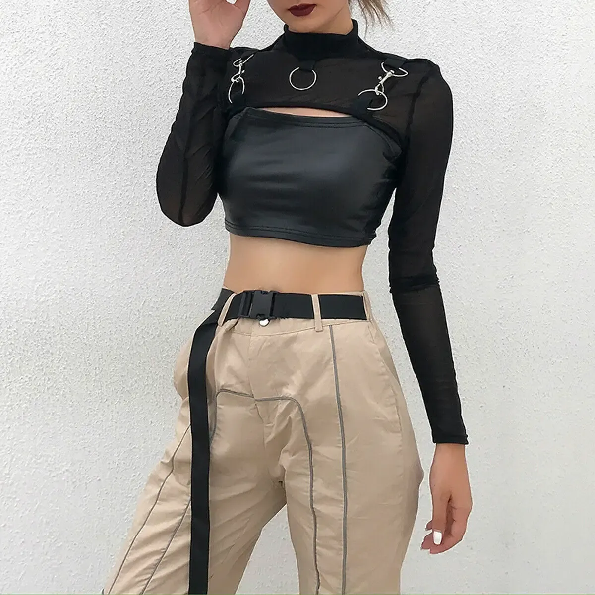 Sexy Hip Hop Gothic Frauen Dame Micro Kurze Metall Kette Spitze Durchsichtige Mesh Langarm Hohe Rollkragen Crop Tops