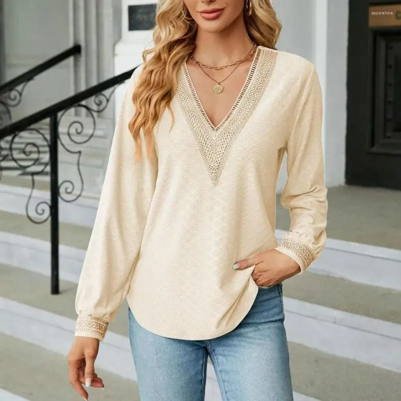 Women's Blouses Women Spring Autumn Top V Neck Hollow Out Patchwork Loose Pullover Long Sleeve Soft Casual Mid Length T-shirt Blouse