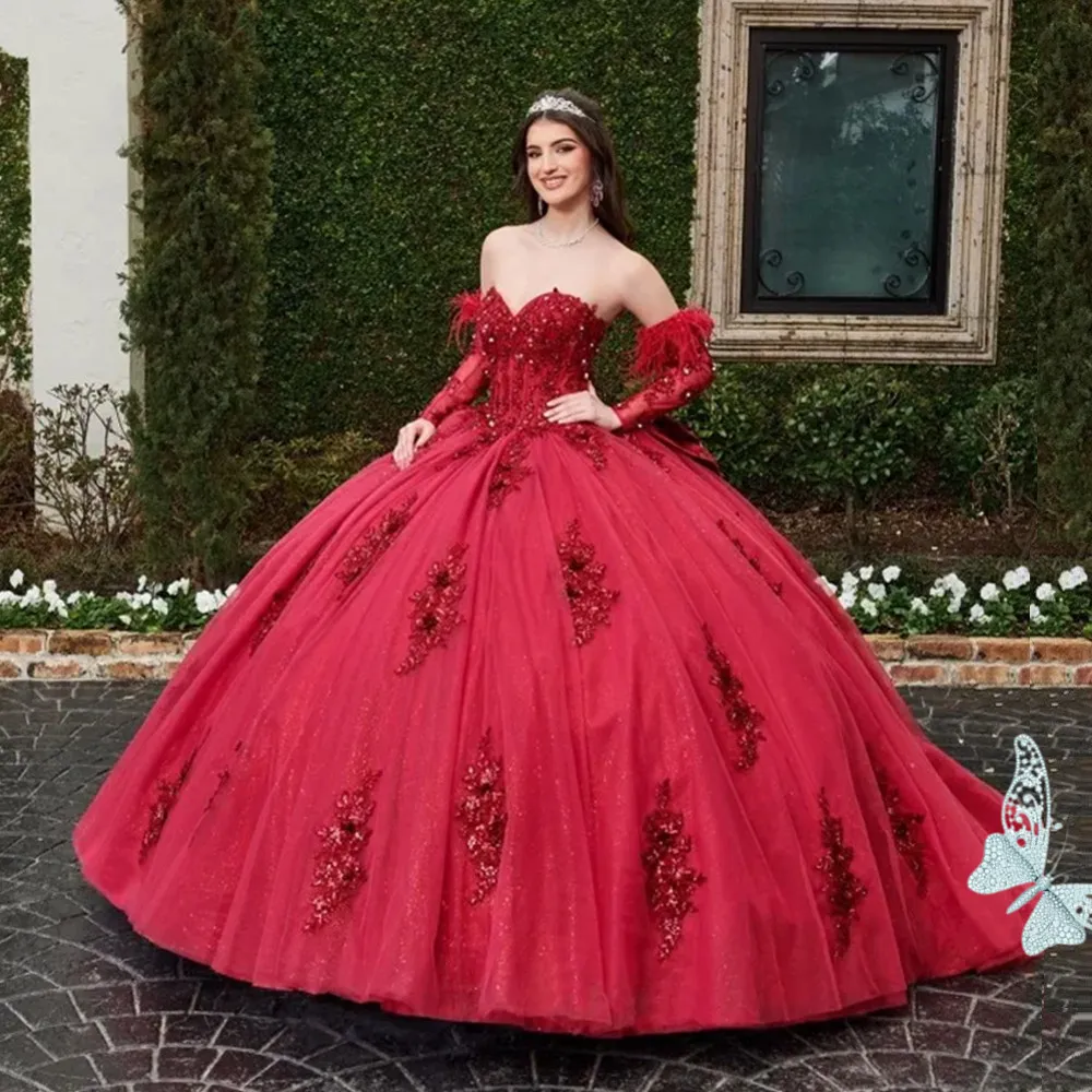 Robes de Quinceanera rouge sans manches dentelle Appliques robe de bal hors de l'épaule plume Corset robes Para XV Anos