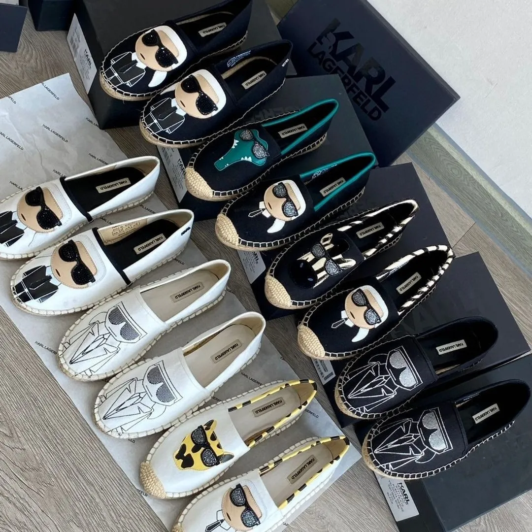 Karl Lagerfield vrouw platte zomer strand canvas casual schoenen ontwerper schoen espadrilles visser cadeau 10a dames man mode DHgate slippers borduren stof dia