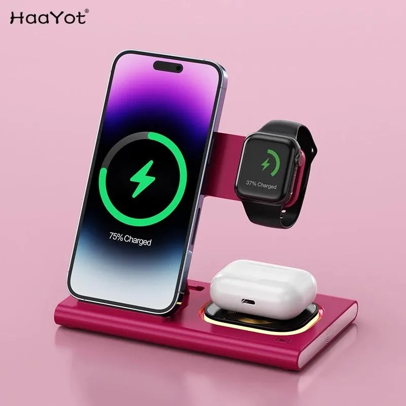 Chargers Haayot 3 iPhone 15 14 13 12 12 Kablosuz Şarj Cihazları Apple Watch 8/7/6 AirPods Samsung için Serisi Hızlı Şarj Dock İstasyonu