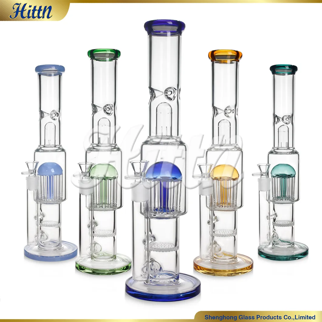 Pipe d'eau en verre Bong en verre d'eau droite Bong 12 bras d'arbre Perc en nid d'abeille Perc soufflé à la main 420 Bong pour fumer avec 18 mm Catcher de glace de garde-carreaux 16 pouces 16 pouces