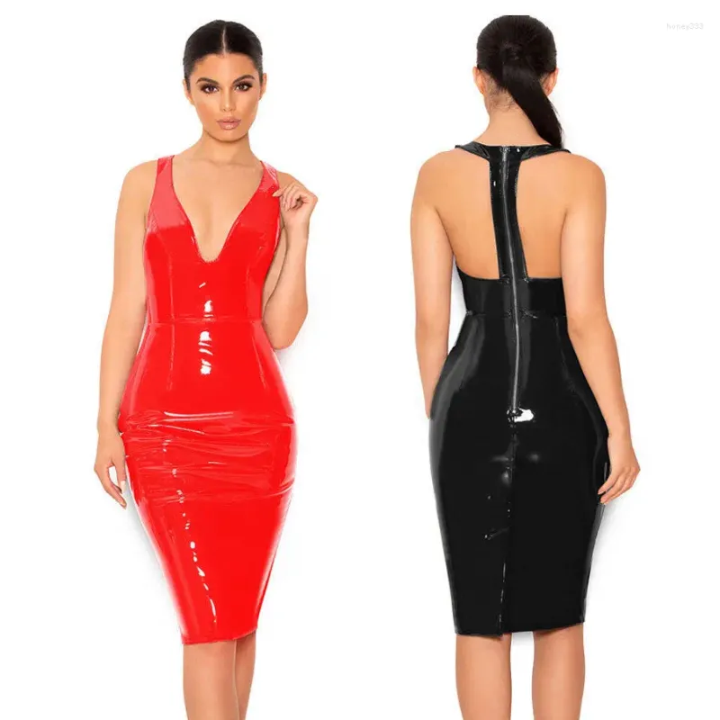 Casual Dresses Women PVC Shiny Leather Dress Sleeveless V-Neck Back Zip Tight Sexy Motorcycle Costum S-6XL