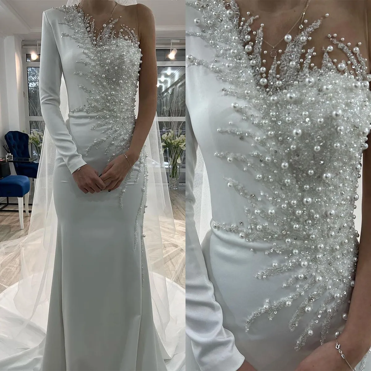 Shoulder Fashion One Mermaid Wedding Pearl Sequined Bridal Gowns Beading Rhinestone Satin Sweep Train Robe Bride Dresses