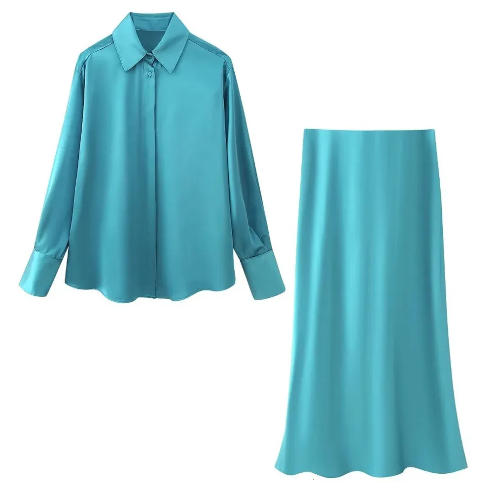 Zach Ailsawomens Polo Neck Silk Satin Texture Shirt High Waist Midi Dress Winter Fashion Set 240111