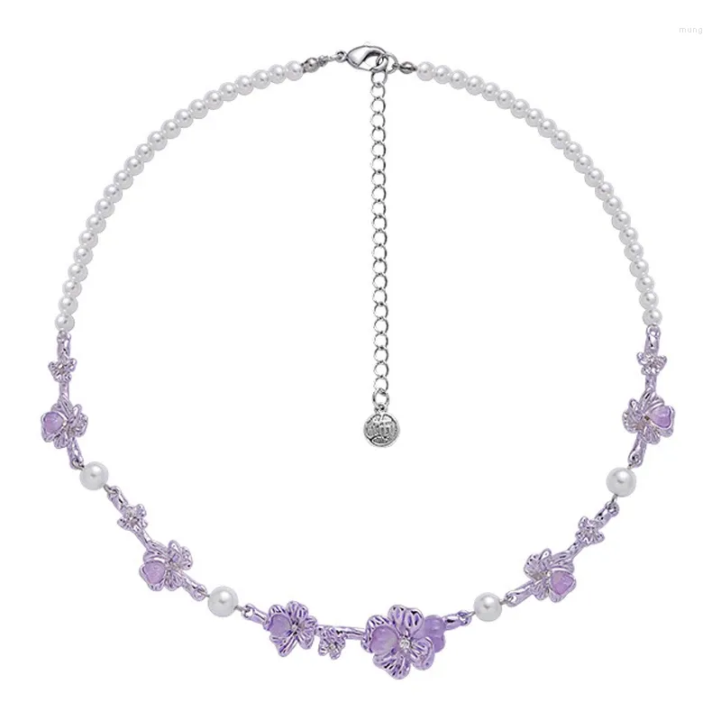 Pendant Necklaces Eetit Exquisite Purple Resin Plant Flower Imitation Pearls Chain Collar Necklace Temperament Trendy Handmade Jewelry 2024