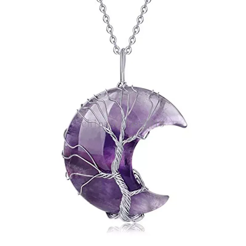 Baum des Lebens, drahtgewickelte Halskette mit Halbmond-Anhänger, Reiki-Heilkristallstein-Halsketten, natürlicher Edelstein, Amethyst, Tigerauge, Quarz, Schmuck, Geschenk für Frauen