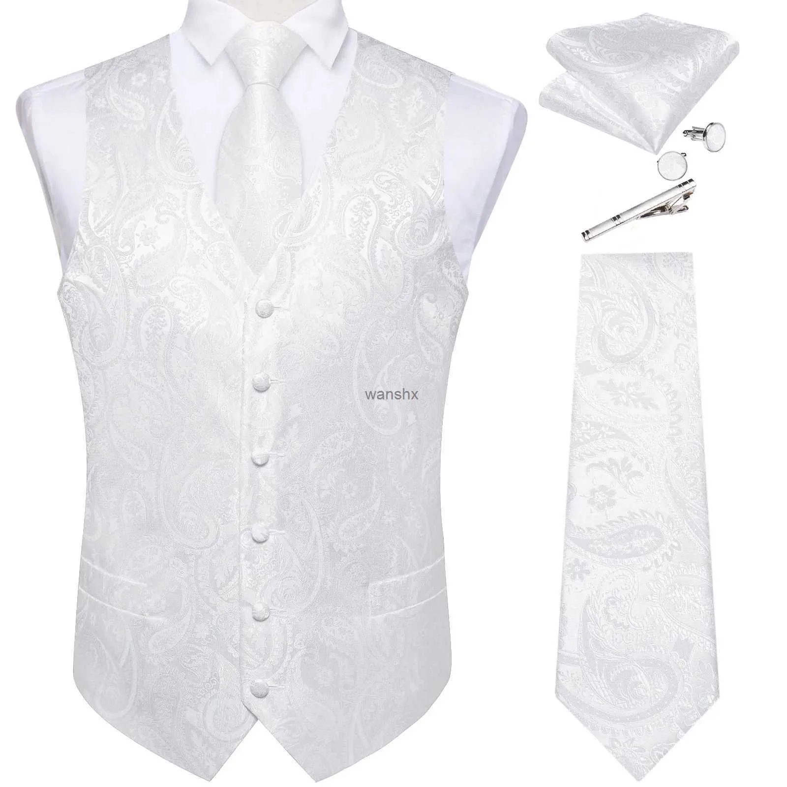 Men's Vests Pure White Wedding Vest for Man Sleeveless V-neck Satin Men Waistcoat Necktie Pocket Square Cuff Clip 5 PCS_voghion.com