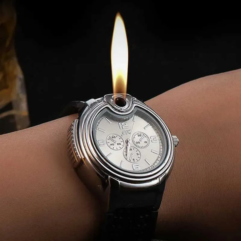 Montre-bracelet en métal pour hommes, briquet à flamme, créatif, sport, feu ouvert, nouvelle collection 2024