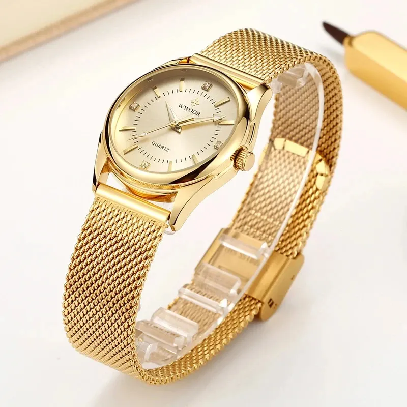 Wwoor Luxury Brand Dress Gold Watch Ladies Elegant Diamond Small Quartz Wrist Watches For Women Steel Mesh Clock Zegarek Damski 240110