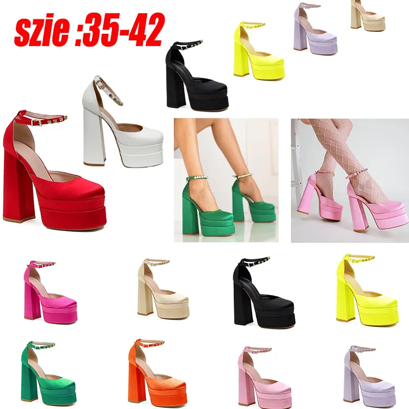 Party Sandals Block Heel Double Platform Women Sandals Evening Dress Heeled Sandals Cool Woman Shoes Square Toe Silk High Heels