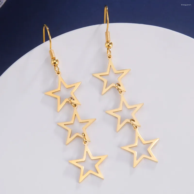 Dangle Earrings Teamer 3 Stars Drop Women Gold Color Fashion Stainless Steel Pentagram Pendientes Jewelry Birthday Gifts 2024