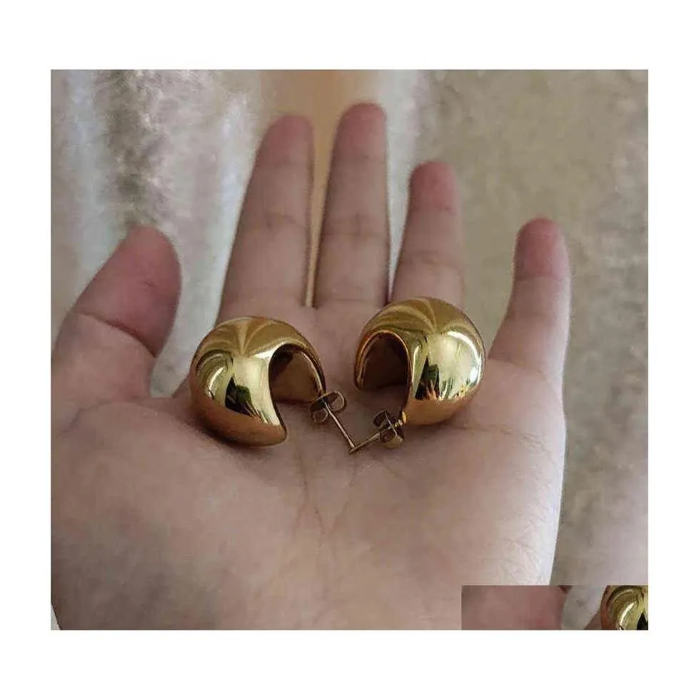 Hoop Huggie Half Moon Sphere Thick Chunky Gold Earring Rostfritt stål för kvinnor Chic Vintage Tom Lightweight 220108 Drop Delive20yy