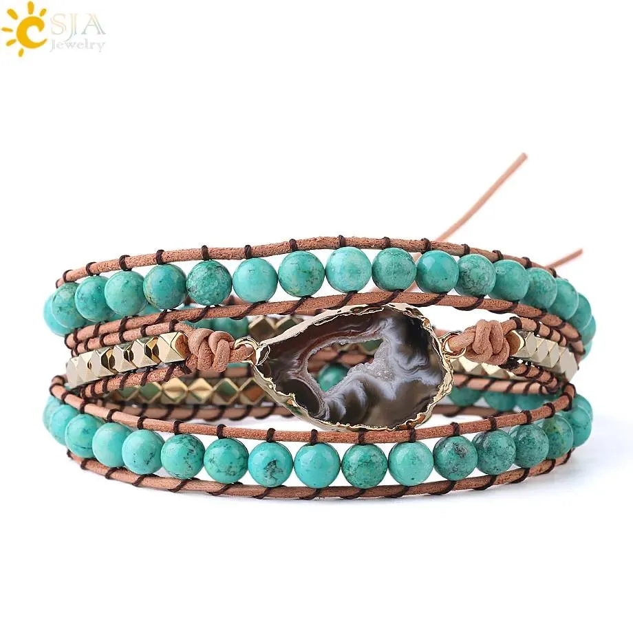 Bracelets CSJA Naturel Mala Perles Turquoises Bracelet Agates Tranche Géode Charmes Boho Gemmes Pierre Wrap BraceletsBijoux pour Femmes S225