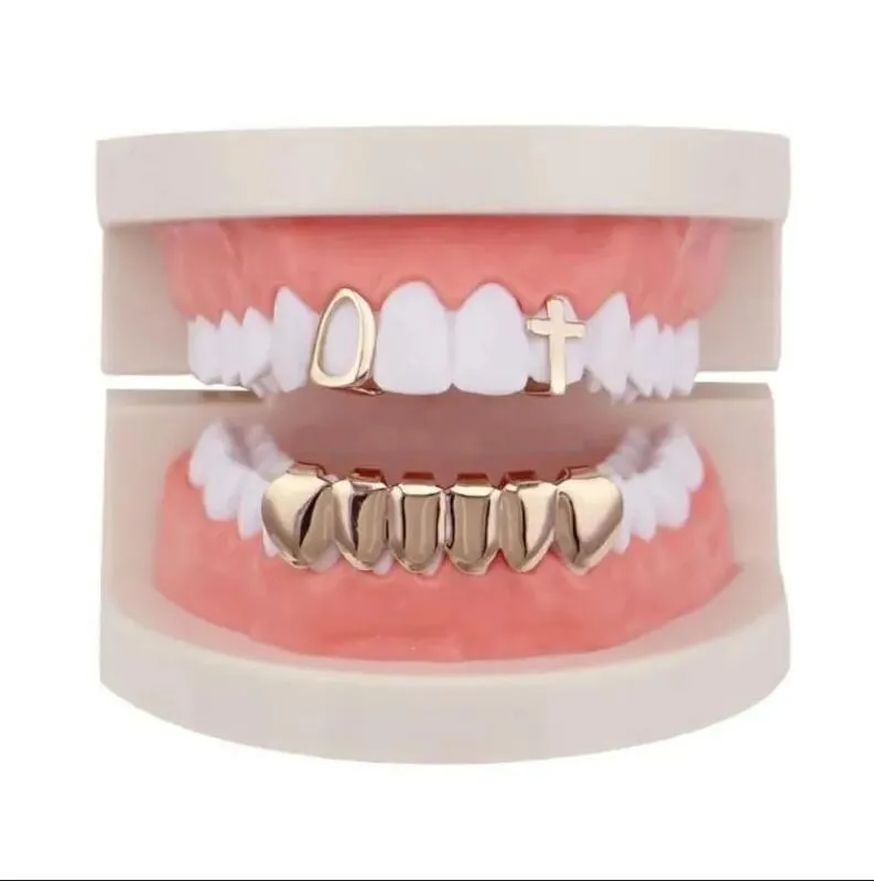 Grillz Dental Grills Hollow Cross Set Hip-Hop Vergoldetes Kupfer Glänzende Zahnspangen Zubehör Damen Herren Party