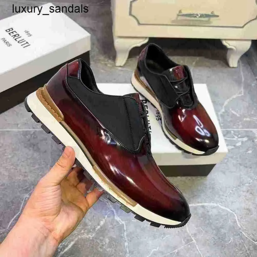 Berluti Mens Leather Sneakers Top Berluti New Mens Calf Leather Fabric Splice Low Top Sports Shoes Patina Ancient Dying Casual RJ