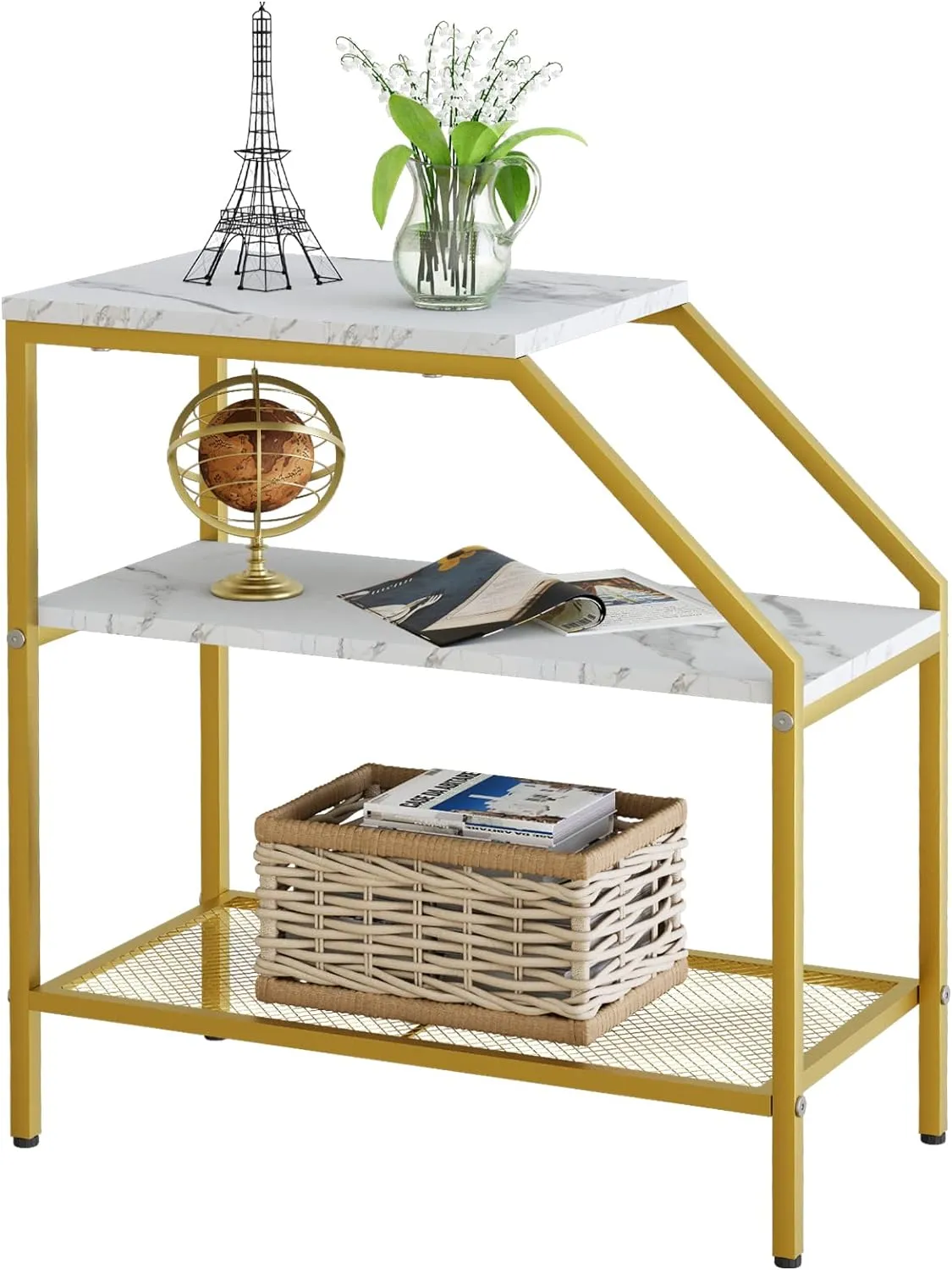 Wolawu Table d'appoint à 3 niveaux en bois de marbre blanc avec échelle de rangement, étagère, table d'appoint de canapé pour petit espace, meuble trapèze moderne, support pour plantes