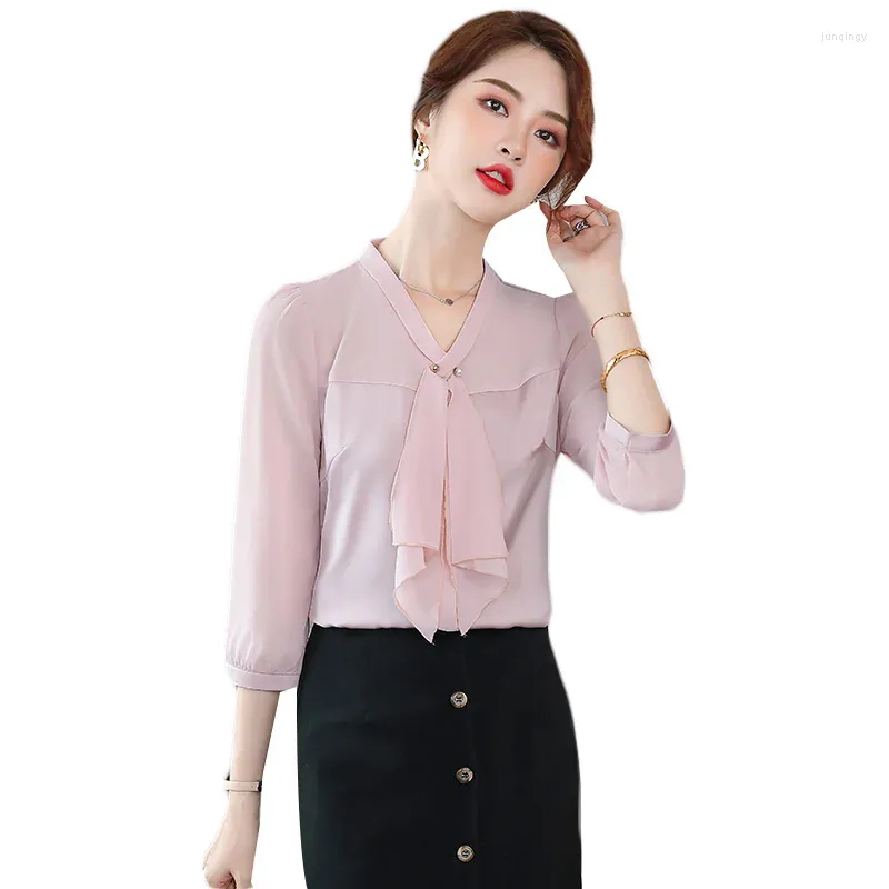 Women's Blouses Summer Formal Women Chiffon Shirts Pink Half Sleeve Ladies Tops Office Work Wear Clothes