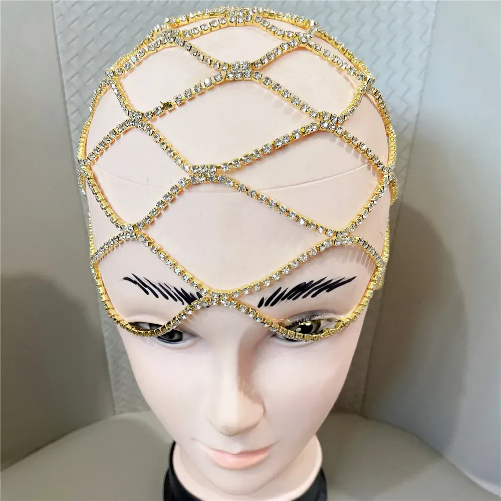 Multi-layer Mesh Bridal Headband Full Rhinestone Head Chain Hollow Hair Accessories Crystal Headpiece Cap Hat Jewelry