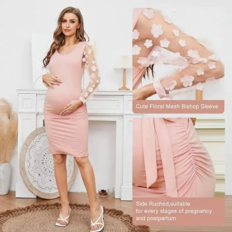 Zwangere damesjurk gemaakt van elastische stof en vloeiend silhouet gebruikt voor zwangerschapsfotografie prachtig bloemmotief 240111