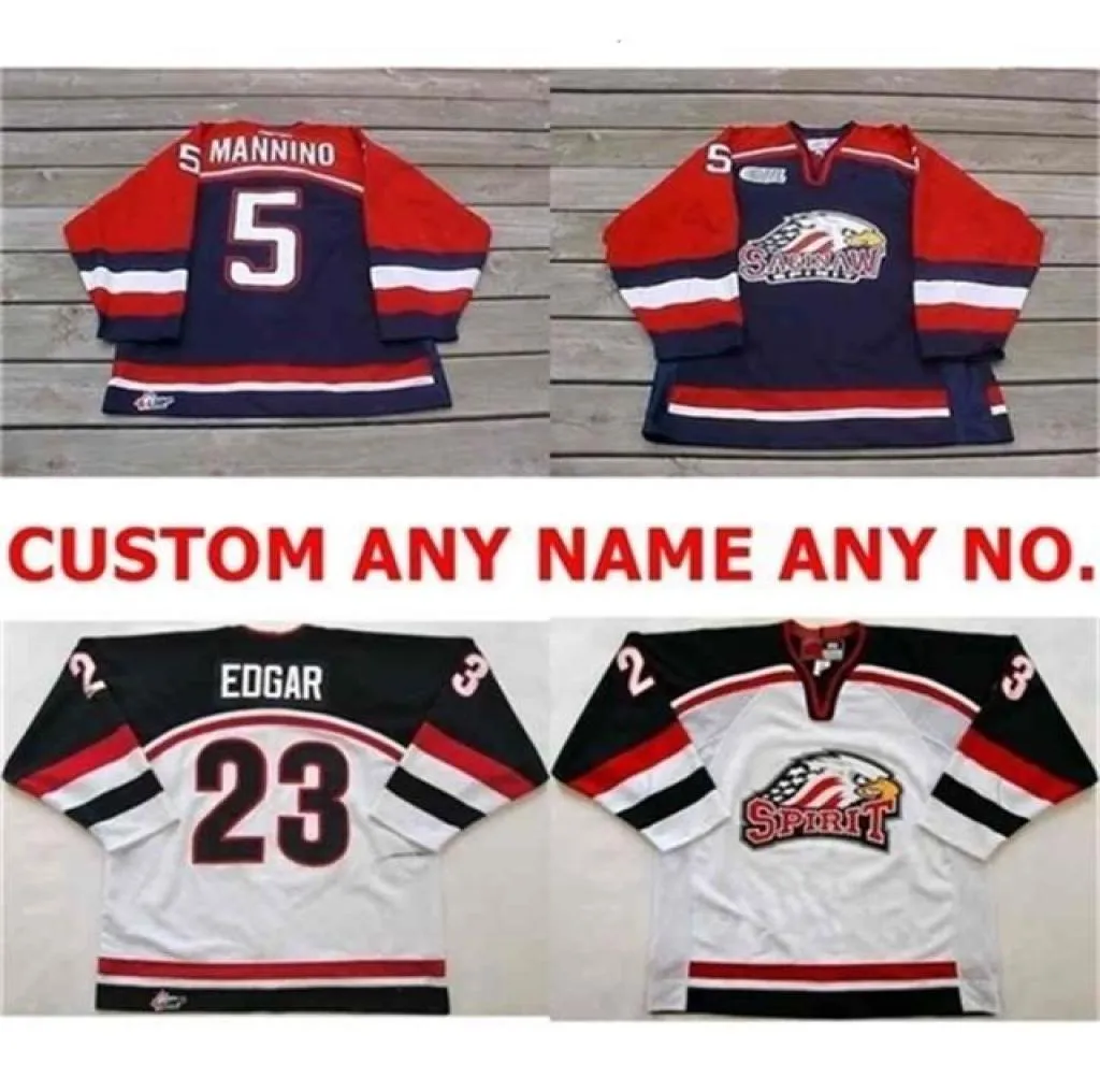 Chen37 C26 Nik1 Personalizado OHL Saginaw Spirit Jersey 5 Mannino 23 Edgar Mens Womens Kids Costurado Gelo Hóquei Jerseys Personalizado Qualquer 8416297