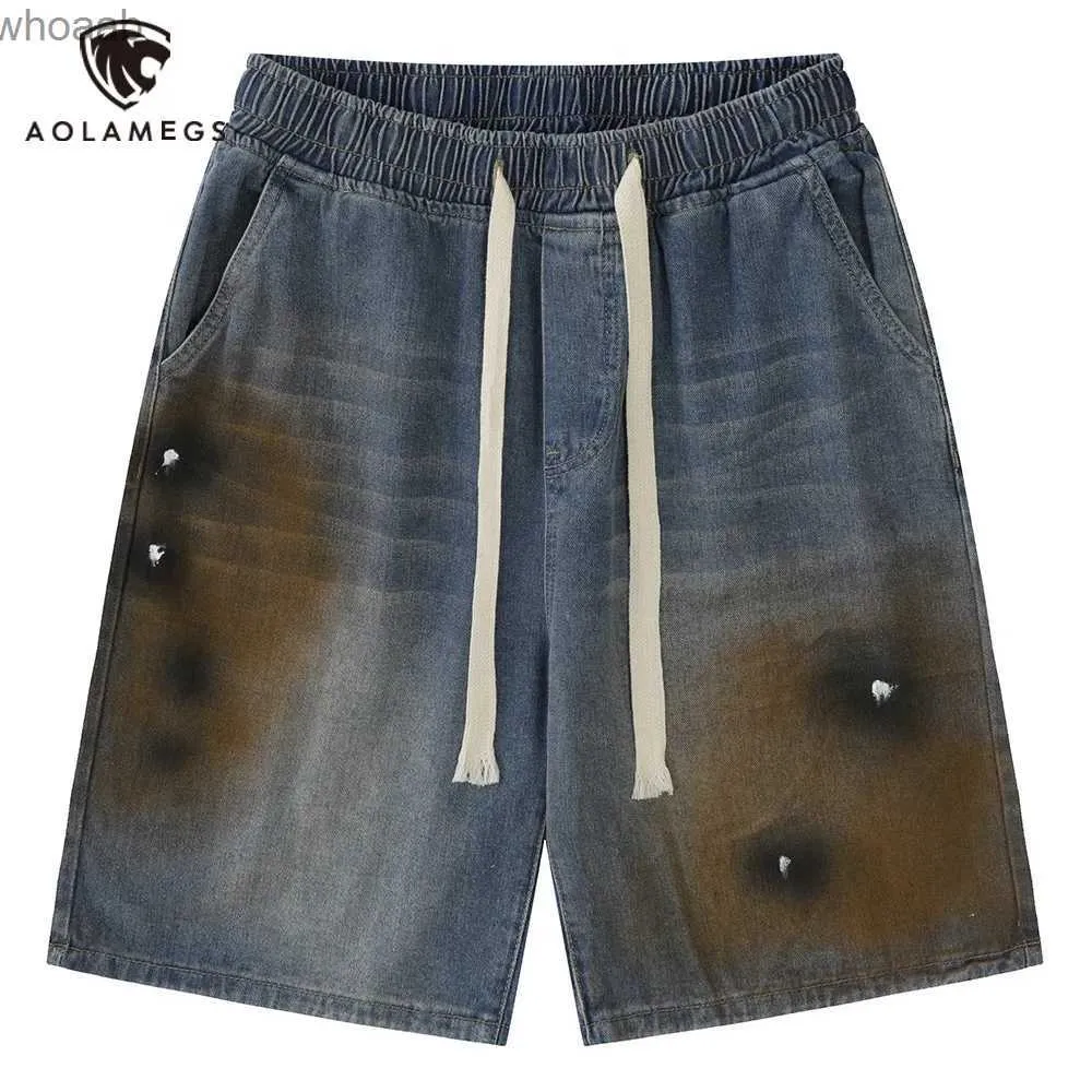 Shorts pour hommes Short en Jean pour hommes, motif brûlant, cordon de serrage lavé, ample, longueur aux genoux, pantalon décontracté en Denim droit à cinq points, YQ240111