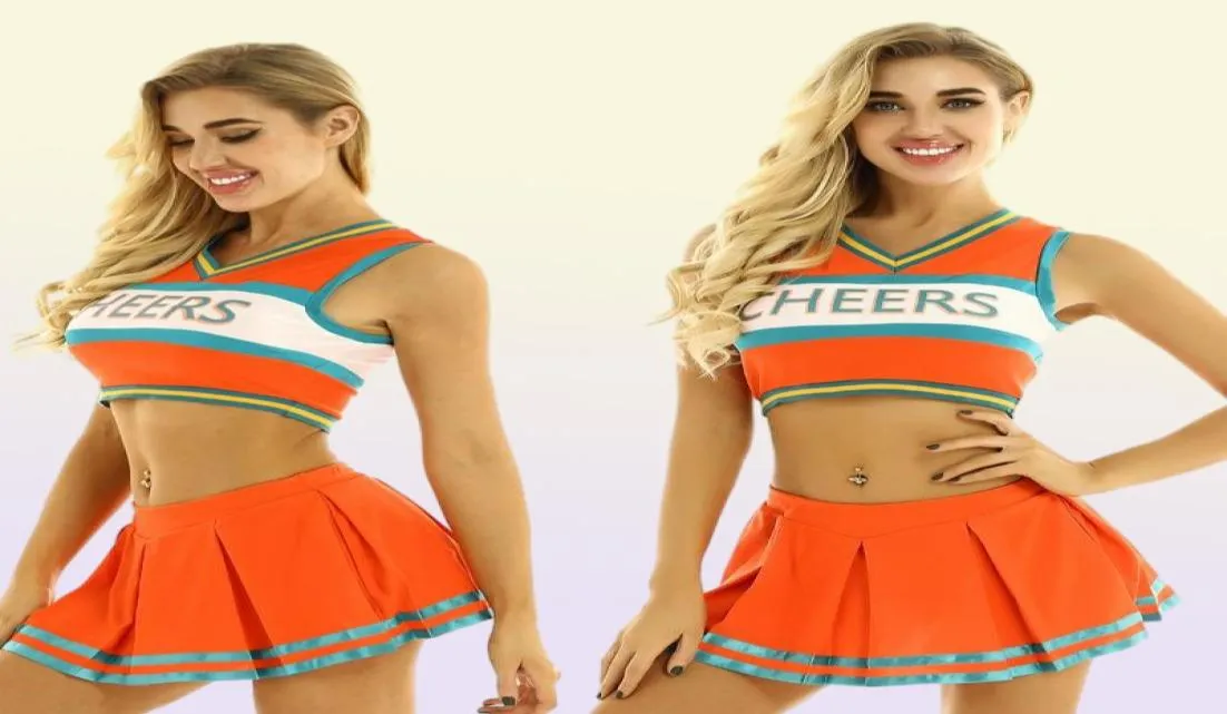 Женский костюм черлидера Cheer Uniform Костюм Косплей Rave Outfit V-образный вырез без рукавов Укороченный топ без рукавов с мини-плиссированной юбкой F6736072