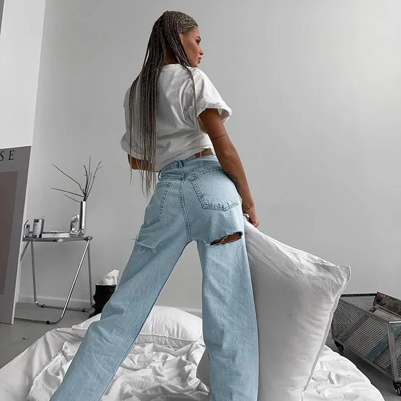 Jeans vår 2023 Ny enkel casual allmatch smal het tjej rippade jeans kvinnliga mode allmatch denim byxor