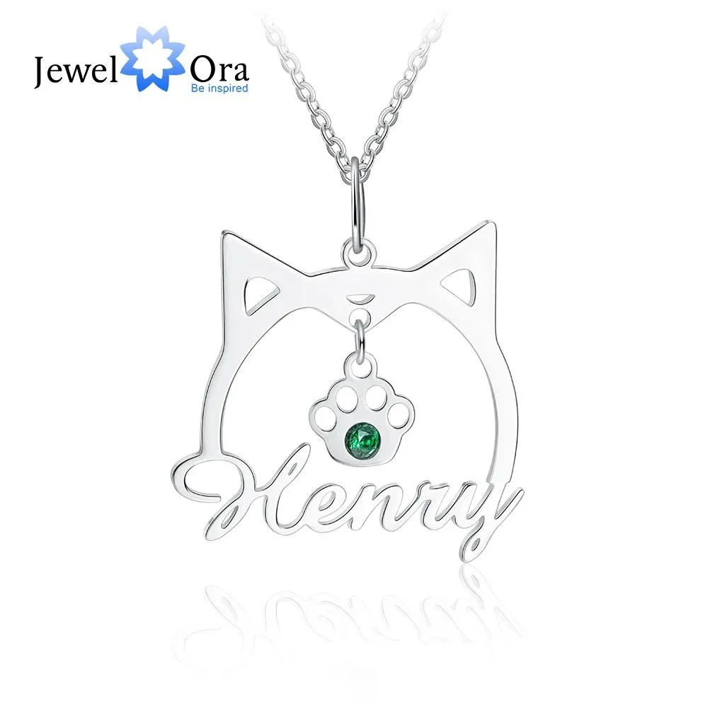 Necklaces 925 Sterling Silver Personalized Cute Cat Shape Name Necklace Customized Nameplate Paw Pendant with Birthstone Women Jewelry