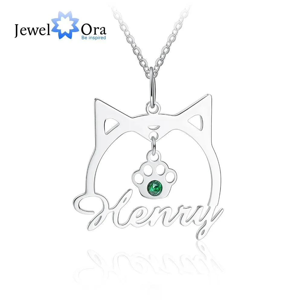 Colliers 925 argent Sterling personnalisé mignon chat forme nom collier personnalisé plaque signalétique patte pendentif avec pierre de naissance femmes bijoux