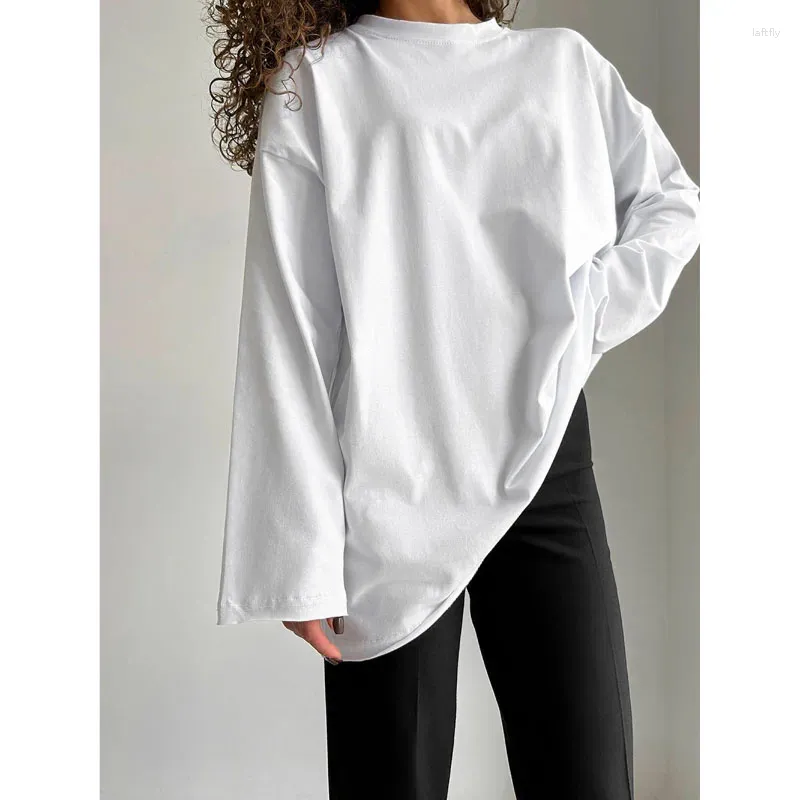 Frauen Hoodies Baumwolle T-shirt Einfache Einfarbig Euro-Amerikanischen Stil 2024 Frühling Top Lose Oversize Rundhals Langarm