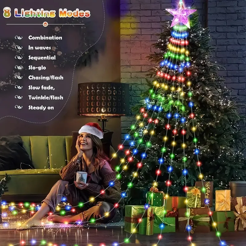 Guirlande lumineuse étoile de décorations de Noël extérieures de 6,56 pieds 200LED, alimentation USB, lumières d'arbre en cascade à 8 modes, décoration intérieure et extérieure pour la décoration de Noël de fête dans la cour
