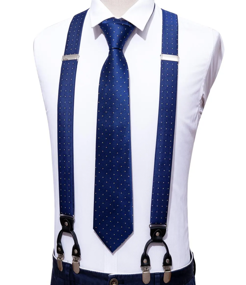 Blue Fashion Dot Adjustable YBack Silk Suspenders Set Neck Tie For Men Party Wedding YShape 6 Clip Suspenders BarryWang1615794