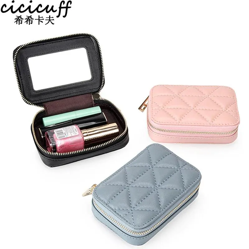 セット2022 Fashon Lipstick Box Square Travel Travel Mirror Lip Sticks Leather Holder Cosmetic Bagで本革メイクアップオーガナイザーケース