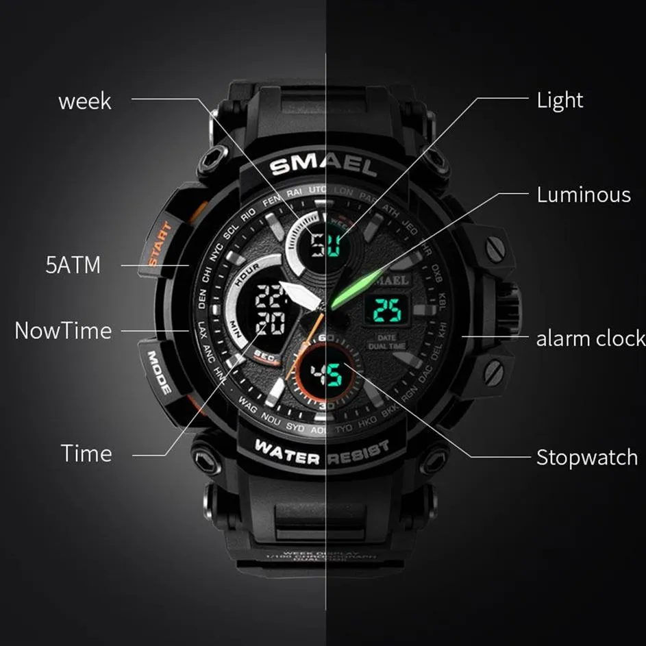 SMAEL Sport Horloge voor Mannen Nieuwe Dual Time Display Mannelijke Klok Waterdicht Schokbestendig Horloge Digitale 1708209S