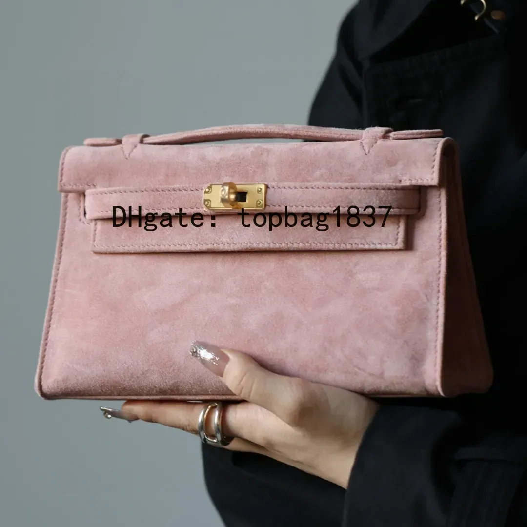 Designer handbags bag 22cm crossbody 10A mirror quality Outer Stitching Brand total Handmade chamois pink Classic Large Capacity Limited edition suede with box