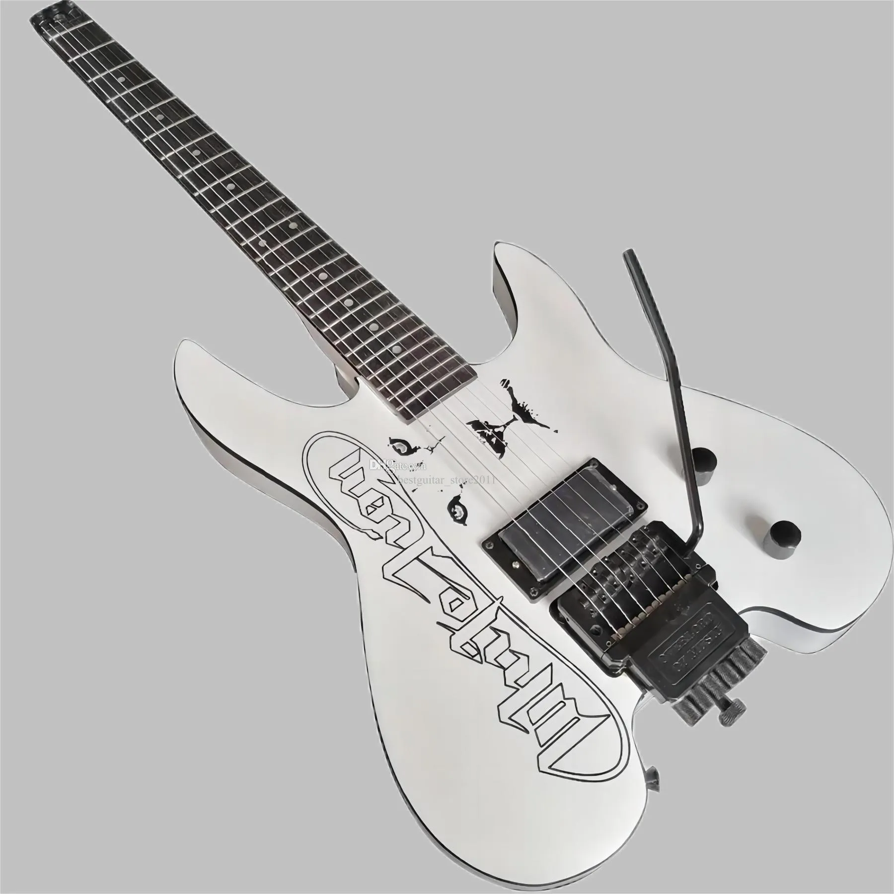 Factory Beste handgeschilderde Lion White Headless Electric Guitar, Vibrato Bridge en Percussion Sticks 258