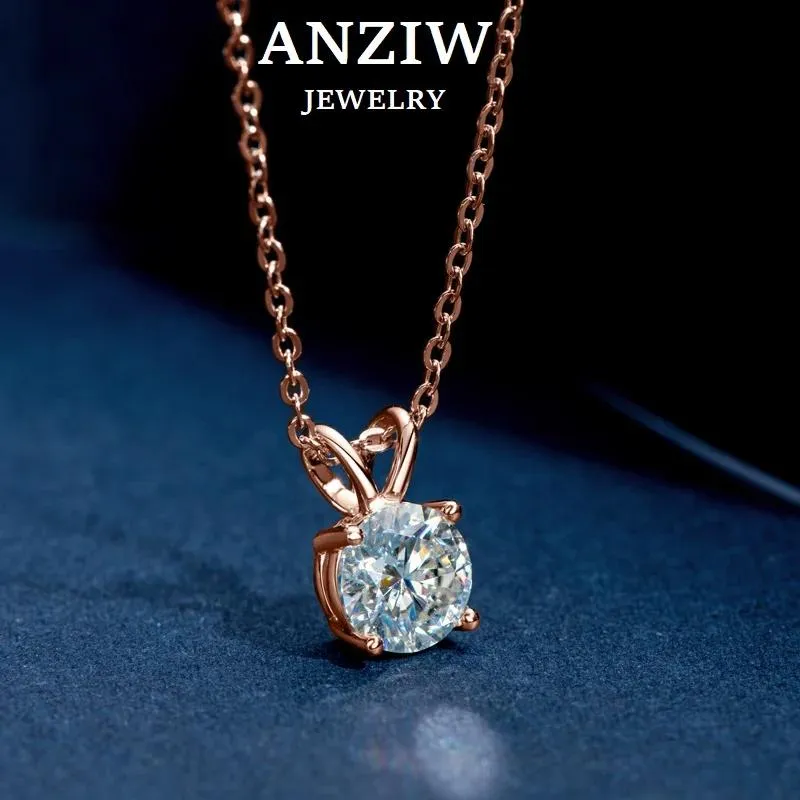 Anziw – collier avec pendentif en Moissanite plaqué or Rose, 6.5mm (1.0ct), diamant scintillant de couleur D, bijoux en argent véritable 925, cadeau pour femmes