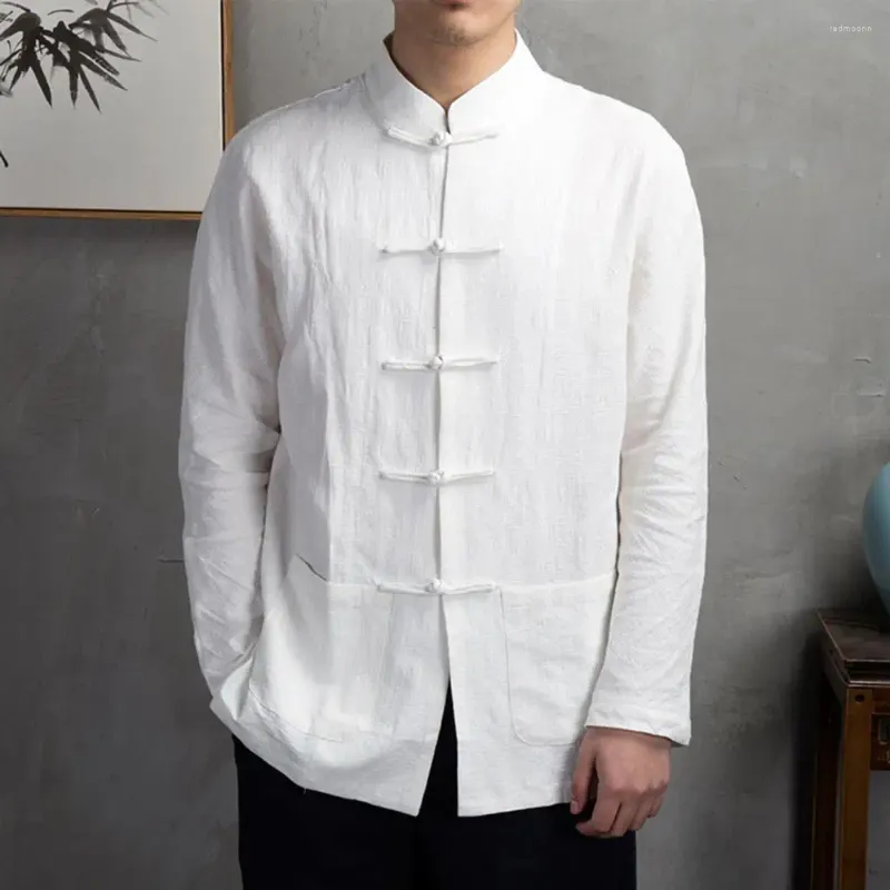 Мужские повседневные рубашки, мужская рубашка с длинным рукавом, китайский ретро-стиль, традиционный воротник с рукавами, карманами, диск