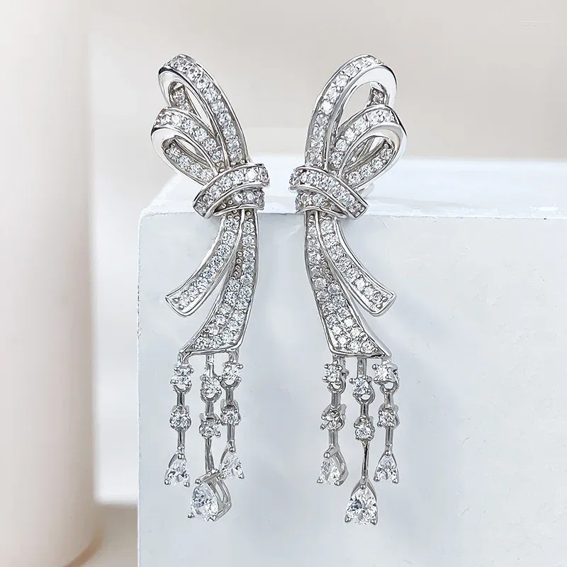 Boucles d'oreilles à tige en argent 2024 S925 avec nœud en diamant et pompon long pour femme, luxe léger, haute couture