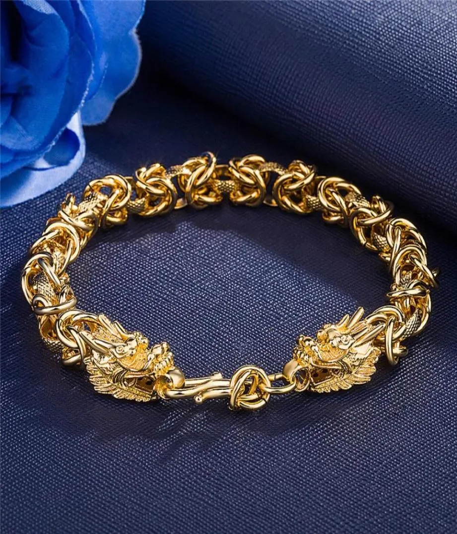 Men039s high quality copper plated 24K gold bracelet Domineering double dragon goldenplated bracelets Men jewelry47773913178197