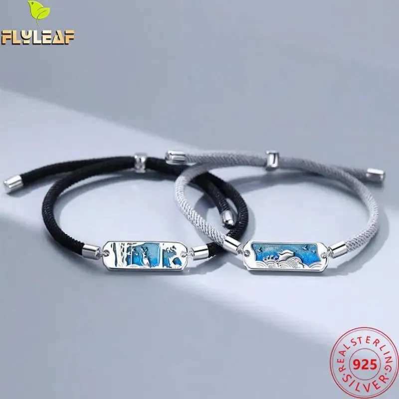 Armband 925 Sterling Silver Whale Deer Pararmband för kvinnor Män Blue Emalj Rope Armband Valentinsdag Gift Fina smycken