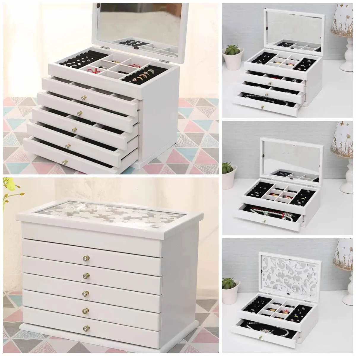 Multi-Layer Big Wood Jewelry Box Hollow Out/With Mirror Jewely Display Casket Earrings Ring Boxes Jewelry Organizer Presentlåda 240110