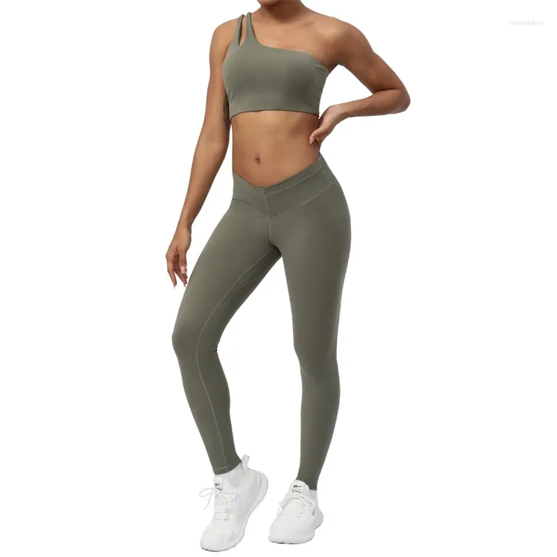 Ensembles actifs 2 pièces ensemble de sport de gymnastique sans couture femmes tenue d'entraînement de Yoga costume de Fitness taille haute Leggings une épaule soutien-gorge survêtement de course