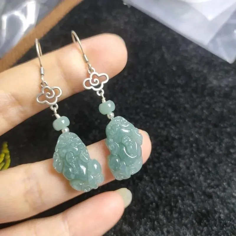 Earrings 925 Silver Inlay Burmese Emerald Jade Blue Water Pixiu Earring Ring Beads Natural Green Adjustable Women Jewelry Customized